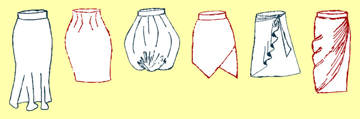 Women’s Skirt Fashion Vector Set – Hand Drawn Flat Design Outlines of Trendy Skirt Styles for Apparel Design, Pattern Making, and Fashion Illustration Projects