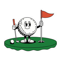 Cute Golf Ball Character Holding Flag Cartoon Illustration