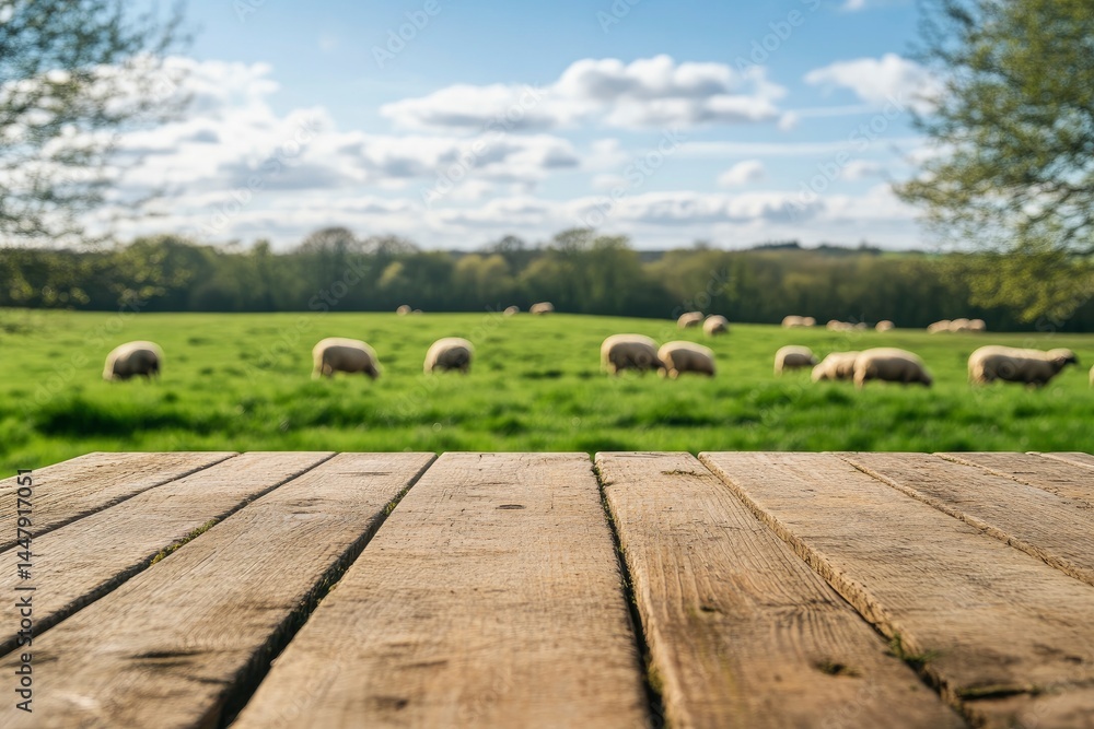 Poster sheep grazing in field with wooden table
