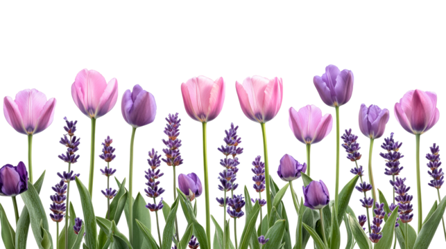 Floral border of lavender and pink tulip flowers. cut out transparent