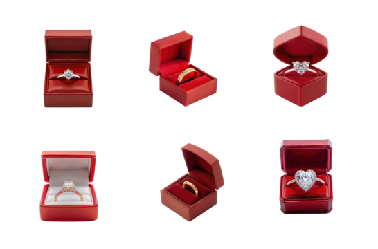 Collection of Diamond ring in a red ring box isolate on transparent background