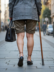 Elderly woman walking with a cane and handbag on a street, female legs on sidewalk. Concept of disability, limping person, diseases of the spine, old people