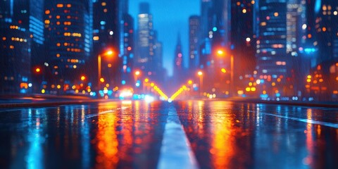 Cityscape at night with illuminated buildings and wet streets after rain
