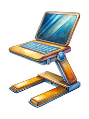 Stylized isometric illustration of a futuristic laptop computer on a stand