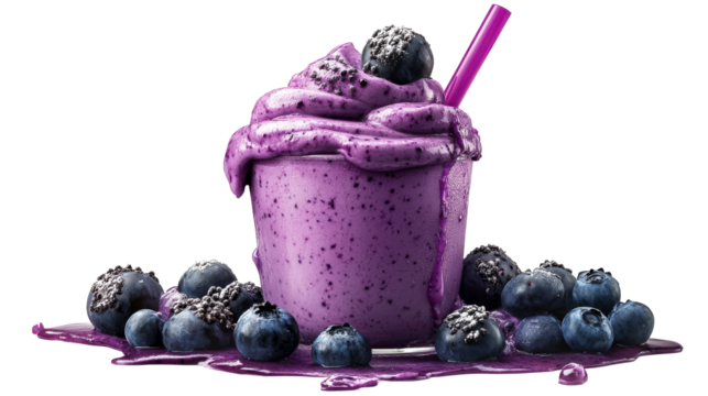 Blueberry smoothie in a glass with straw and fresh berries cut out transparent