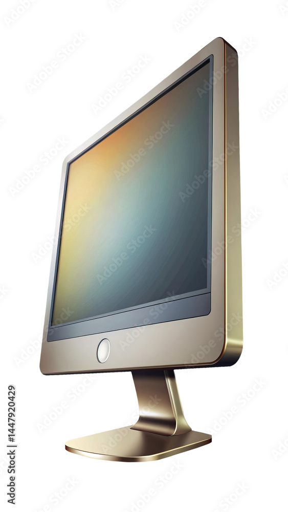 Poster sleek golden desktop computer with abstract screen on white background