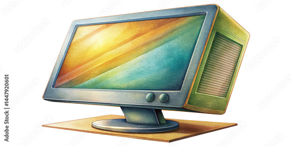 Poster vintage computer monitor displaying gradient background illustration on desktop surface