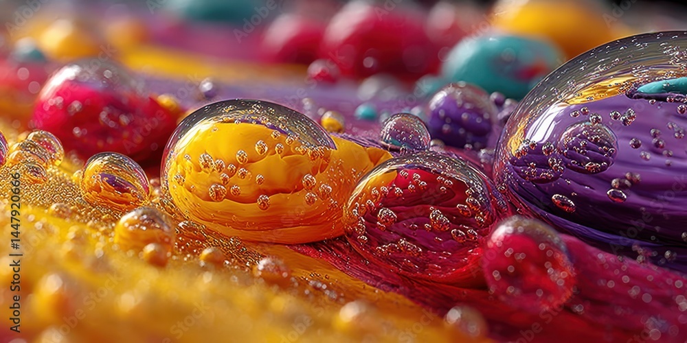 Poster colorful droplets create a mesmerizing abstract design in vibrant hues and textures on a surface