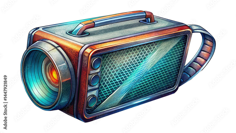 Poster futuristic scifi camera device with a retro design and bright display