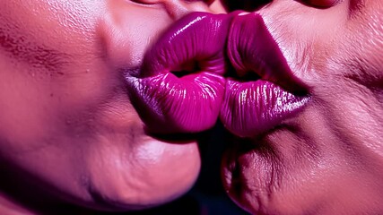 Close-up handheld video, high contrast light on magenta matte lips, seasoned ebony and young almond women kissing. Concept of diverse intimacy and beauty
