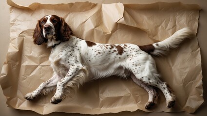 Obraz premium A playful springer spaniel dog lying on crumpled brown paper surface with a relaxed expression