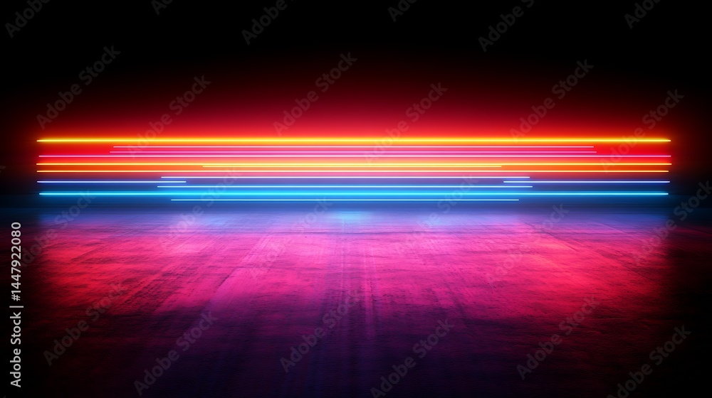 Poster neon horizon: a vibrant composition features horizontal lines of glowing neon light in a spectrum of