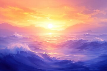 Obraz premium Serene sunset over tranquil ocean waves with distant mountains and colorful sky