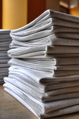 High angle view of several piles of white fabric, showcasing texture and folds - wrinkles cotton background swatch