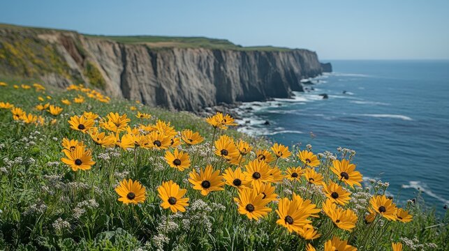 Vibrant yellow wildflowers bloom on a coastal cliff overlooking the ocean under a bright sunny sky. - Powered by Adobe