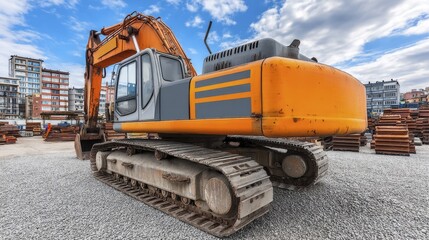 Industrial excavator amidst gravel piles, construction zone - site metallic job heavy-duty
