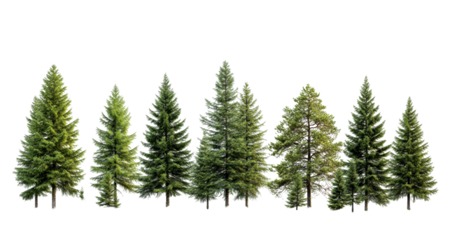 Array of evergreen conifer trees, foliage and trunks. cut out transparent