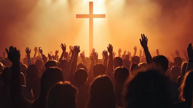 Joyful worship crowd raising hands in uplifting church gathering with cross