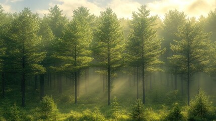 Fototapeta premium Sunbeams pierce misty pine forest at dawn.