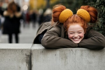 Smiling girl relaxing outdoors with red hair and woolen bun covers