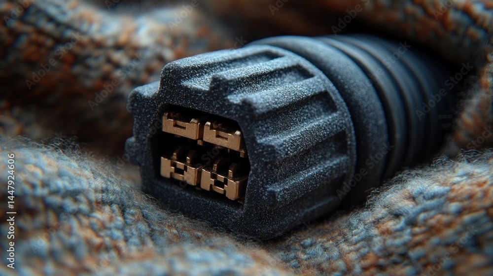 Poster close-up of a textured dark gray connector resting on a soft, woolen fabric. the connector's gold pi