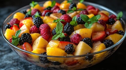 Fresh fruit salad in a glass bowl with mango, strawberries, raspberries, blackberries and mint.