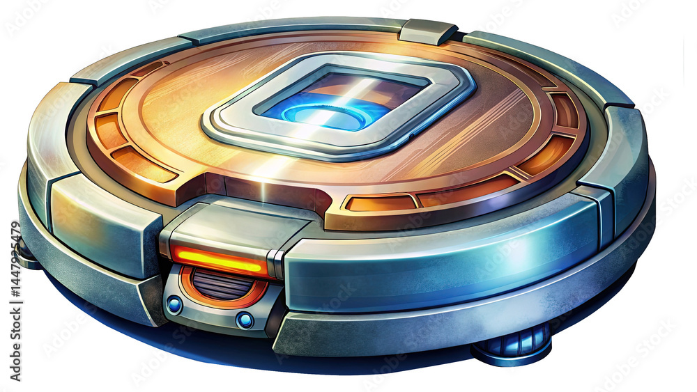 Poster futuristic round device with a central glowing display panel, detailed rendering
