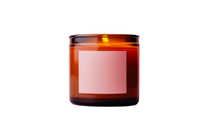 Burning wax candle in amber glass jar with pink label. cut out transparent