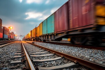 Fototapeta premium A fast train carrying shipping containers travels down tracks at dusk with the sky.