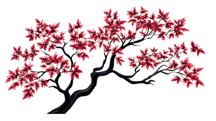 Stylized flowering tree with red leaves, dark branch. cut out transparent