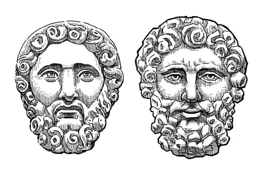 Sketches of vintage artistic architectural details, sculpture masks, stone bearded male faces, two heads, ancient greek culture, vector hand drawn illustration isolated on white