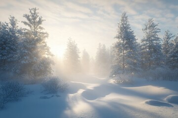 Winter wonderland sunrise, frosted trees in a snowy landscape