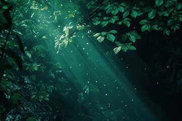 Fototapeta premium Sunlight filtering through lush green leaves in a serene forest, creating a magical atmosphere