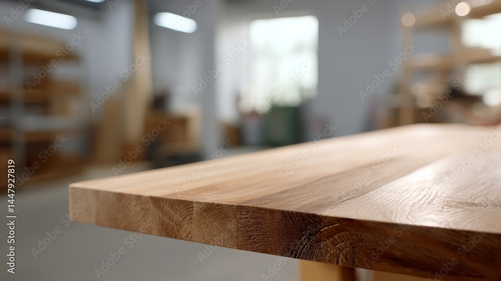 Poster hyper-realistic shallow focus background of modern clean carpenter workshop with natural warm lighti