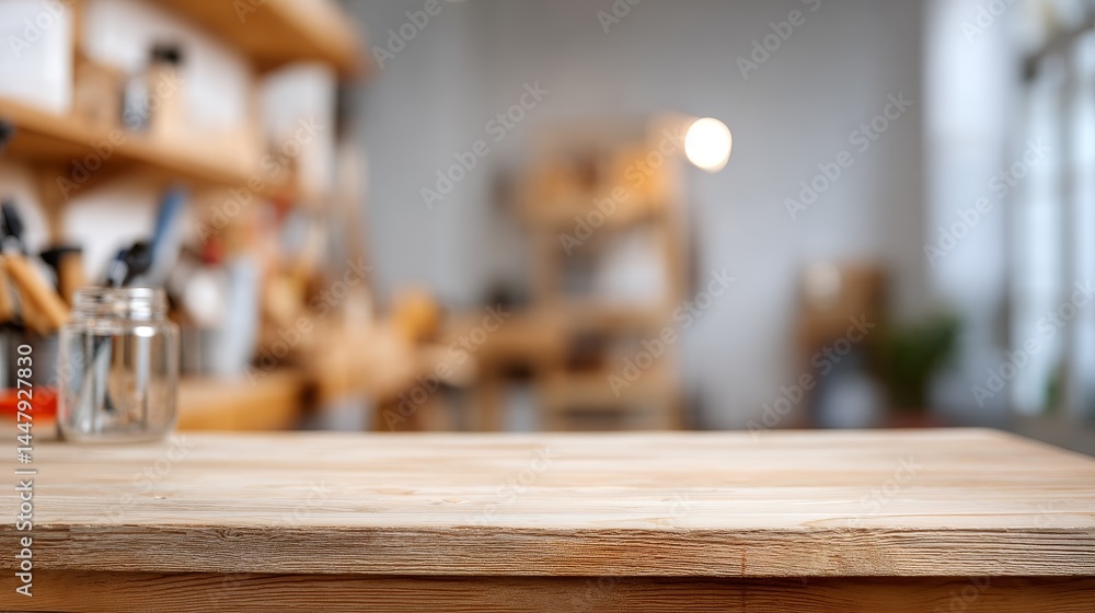 Poster hyper-realistic shallow focus background of modern clean carpenter workshop with natural warm lighti