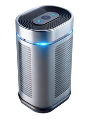 Modern silver air purifier with blue LED lights and curved design