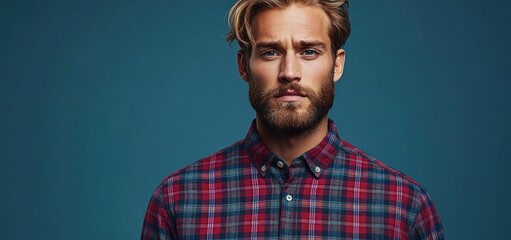 Fototapeta premium Portrait of a Handsome Man with a Beard Wearing a Plaid Shirt