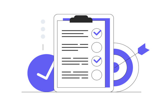 Clipboard with checklist. Filling online survey form on gadgets, to do list paper note. Online survey. Customer service and user experience concept. Flat Cartoon Vector Illustration, icon. Stylish 