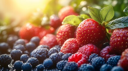 Close-up of fresh strawberries, raspberries, and blueberries in sunlight.