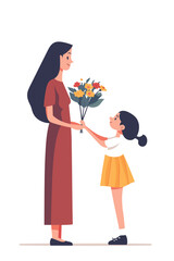 A little girl is giving flowers to her tall mother in a simple
