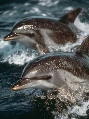 Fototapeta premium Two aquatic mammals swim through water.