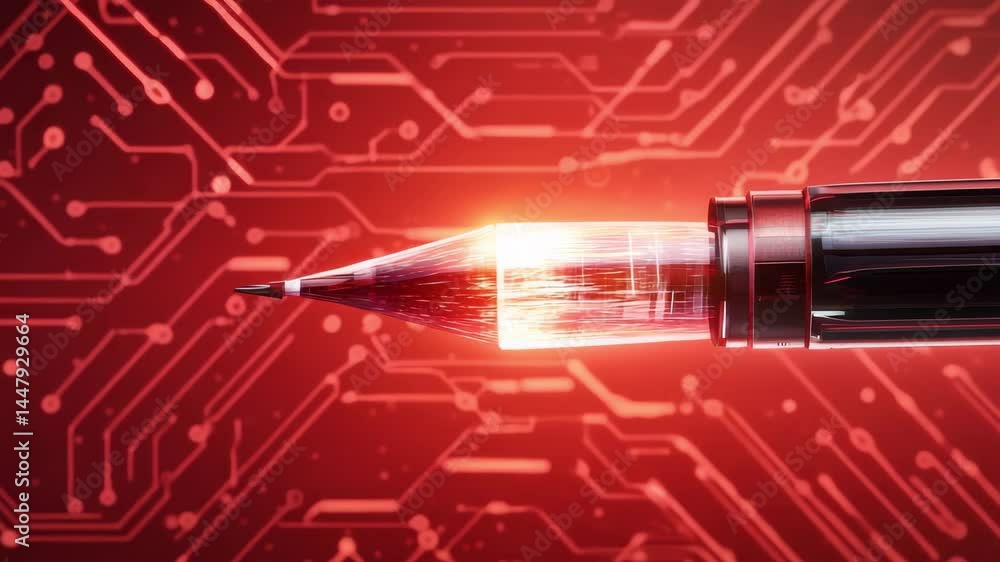 Poster futuristic pen tip glowing with digital circuit technology and red glowing circuit background
