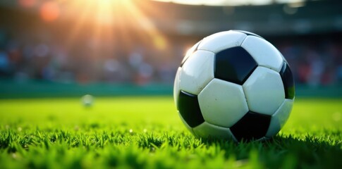 Close-up soccer ball on stadium grass, spotlight , composition, texture, goal