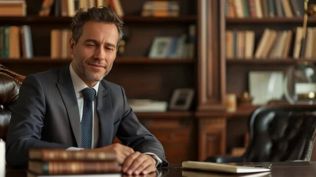 Lawyer sitting confidently in a sophisticated office with shelves of books and a warm atmosphere