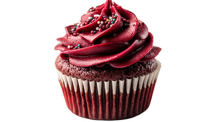 Delectable cupcake with red icing and sprinkles, cut out transparent