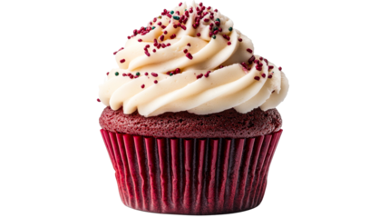 Red velvet cupcake with cream cheese frosting and sprinkles, cut out transparent