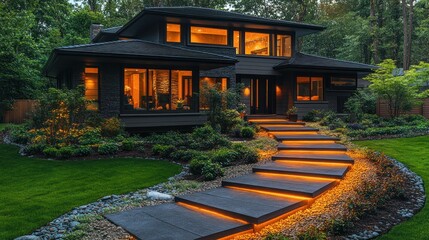 Illuminated Pathway to Modern Home at Night
