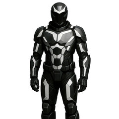 Fototapeta premium Advanced tactical armor suit featuring dynamic black and silver plating, designed for modern warfare or exploration.