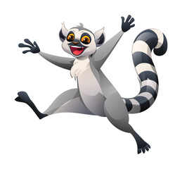 Playful lemur jumping with a joyful expression. Vector cartoon character illustration