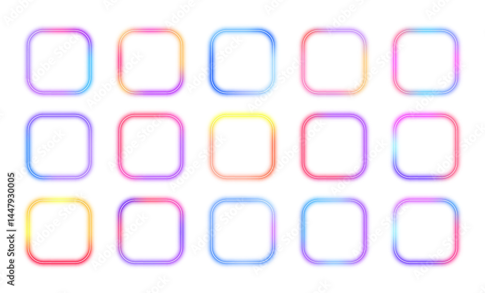 Poster gradient pink purple blue color. isolated on transparent background. png. set of glowing neon square